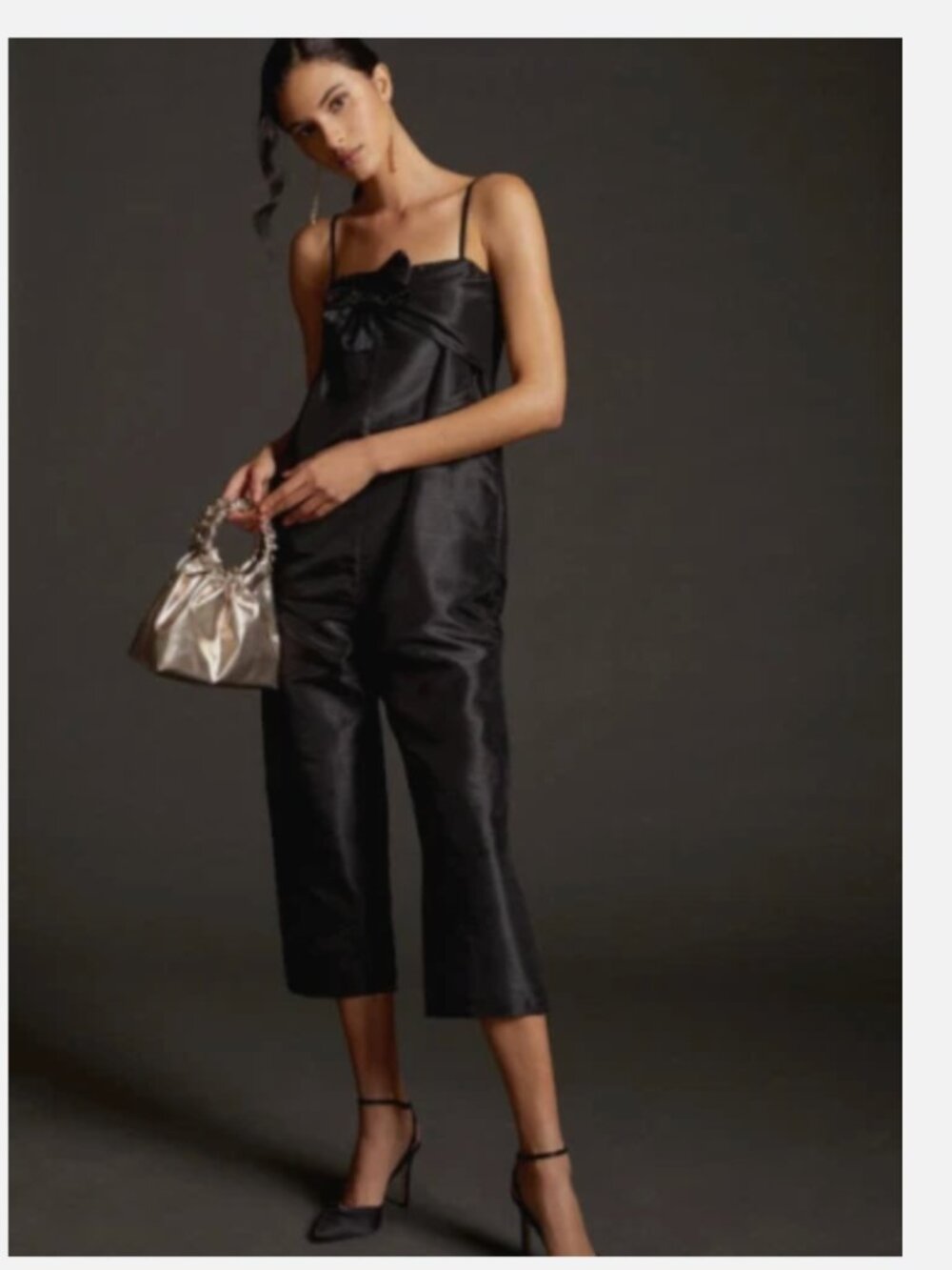 Hutch for Anthropologie Black Satin Bow Front Jumpsuit Crop Wide Leg NWT Size XS